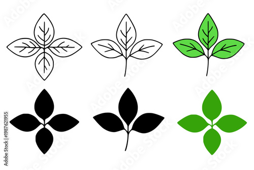 Basil leaf illustration icon set, with outline and silhouette design, isolated on transparent background