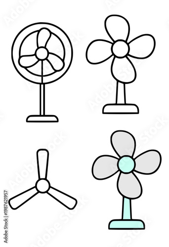 Fan illustration icon set, with outline design, isolated on transparent background