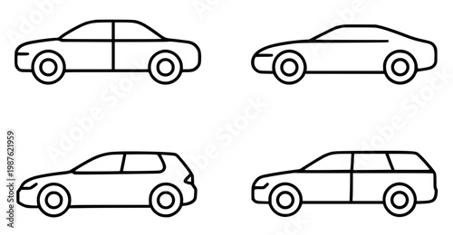 Car illustration icon set, with outline design, transparent background