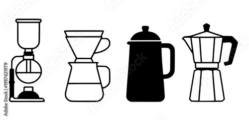 Coffee maker illustration icon set, with outline and silhouette design, isolated on transparent background