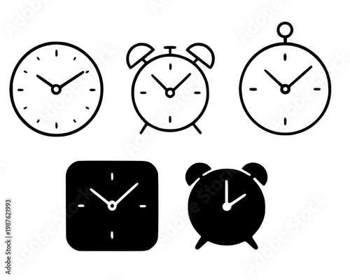 Alarm clock illustration icon set, with outline and silhouette design, isolated on transparent background
