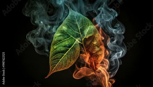 Leaf engulfed in ethereal smoke, a dance of nature and mystery.