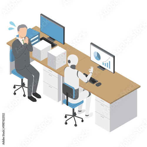 AIロボットに仕事を依頼する男性会社員・アイソメトリック
