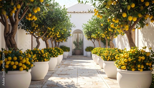 Lemon tree lined pathway with white pots and building.