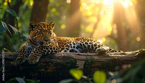 Leopard basking in sunlight on a tree branch in jungle.