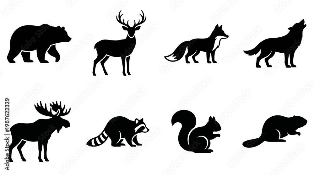Obraz premium Wild Forest Animals Silhouettes Collection Vector Art
