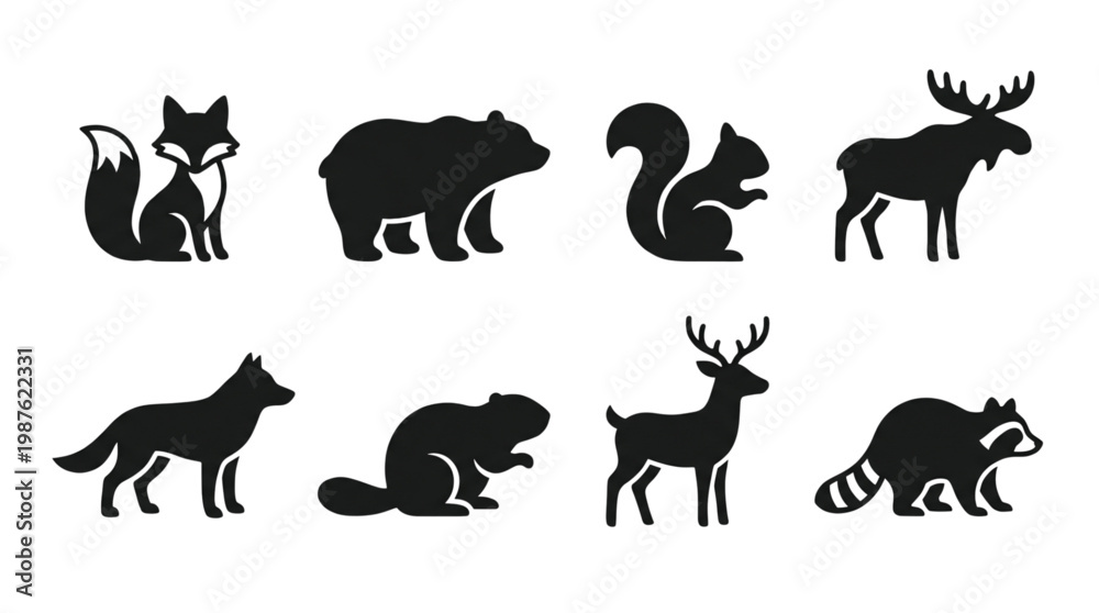 Obraz premium Forest Animal Silhouettes Set Woodland Creatures Collection