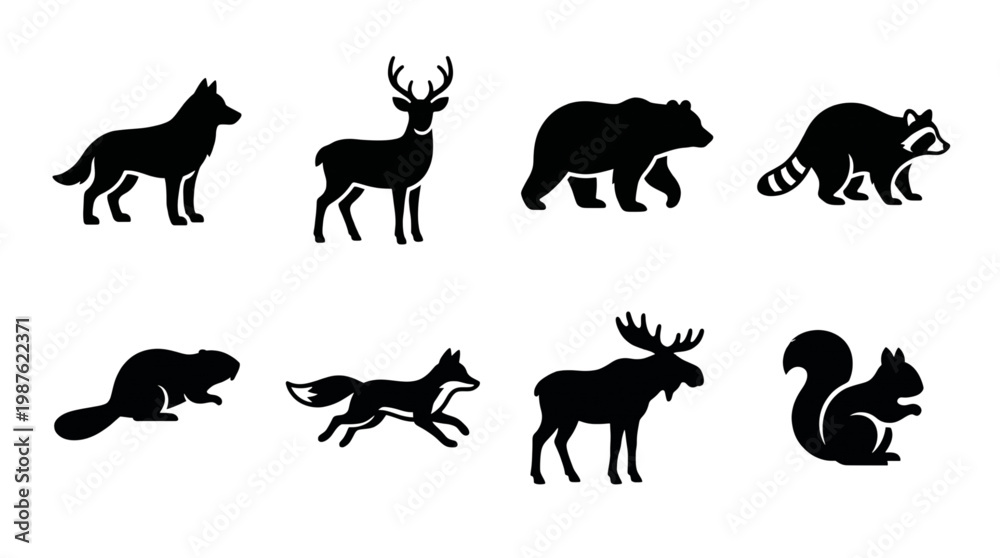 Obraz premium Wild Animals Silhouettes Collection Forest Creatures Outline Icons