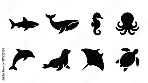 Ocean Life Silhouettes Set of Marine Animals Underwater Creatures