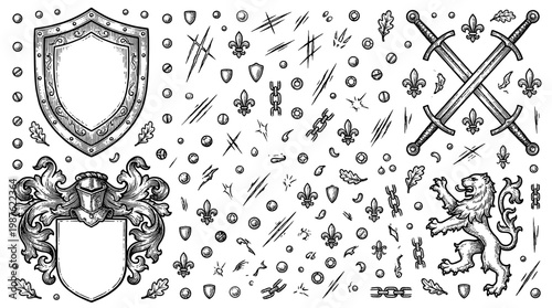 Vintage Medieval Heraldry Vector Collection: Shields, Crossed Swords, Knight Helmet, and Heraldic Lion Engraving Style Illustrations