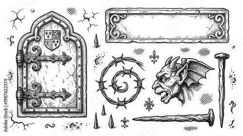 Medieval Gothic Elements Collection with Engraved Wood Door Gargoyle Barbed Wire Stone Plaque and Rusty Nails Vector Illustration