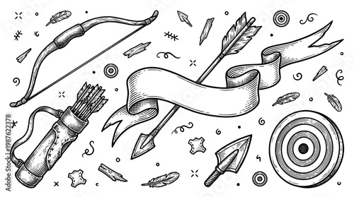 Hand Drawn Archery Equipment Vector Illustration Set Featuring Bow, Arrow, Quiver, Target, and Blank Ribbon Banner in Vintage Engraving Style
