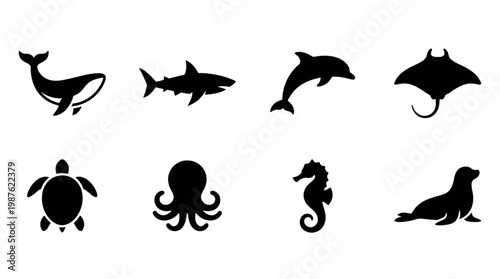 Marine Life Icons Simple Outline Collection for Ocean Themes