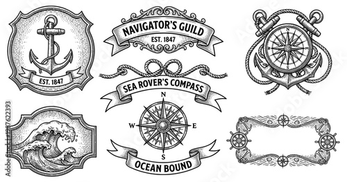 Vintage Nautical Emblems Set with Anchors Compasses Waves and Ribbons in Engraving Style
