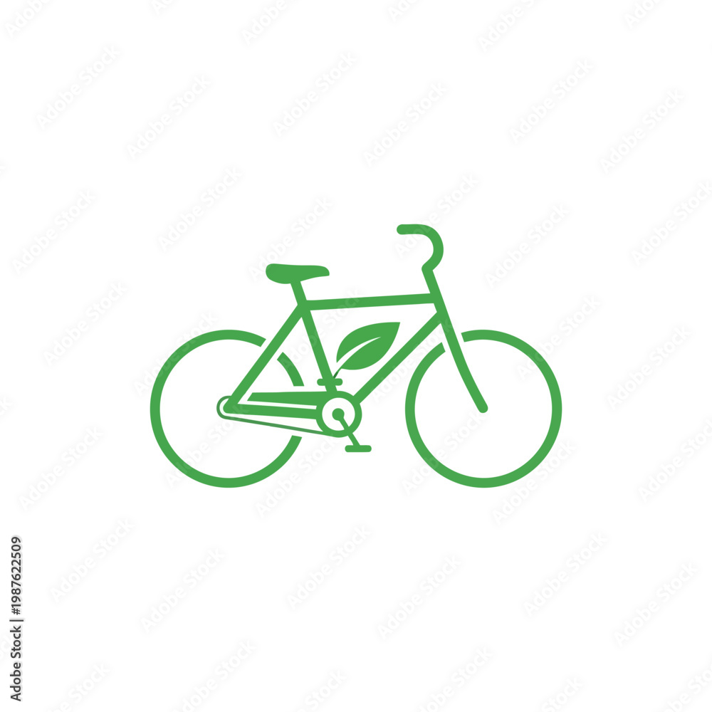 Fototapeta premium A simple green bicycle icon with a leaf symbol on the frame, symbolizing eco-friendly transportation and a healthy lifestyle