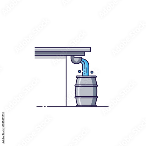 Collecting rainwater from a gutter into a barrel, illustrating water conservation and resource management
