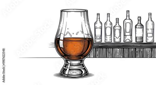 Whiskey tasting glass with bottles on a bar counter, hand-drawn illustration
