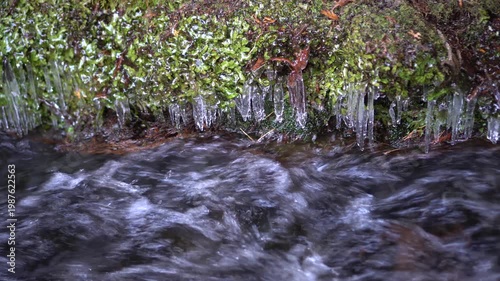 River stream water turned to ice peaceful spring refreshing in japan