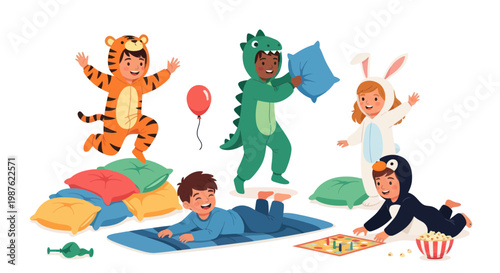 Children in Animal Costumes Having Pillow Fight and Playing Games
