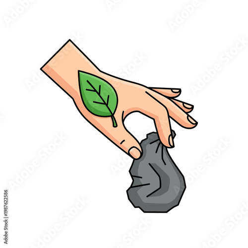 Iconic illustration of a hand displaying a fresh green leaf, responsibly holding crumpled waste, symbolizing environmental stewardship, eco-conscious practices, and a commitment to a clean future