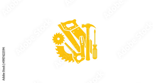 Golden Carpentry Tools Icon Set - Saw, Hammer, Screwdriver, Pliers, Saw Blade