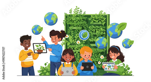 Animated children are learning about Earth Day and environmental education while using digital tablets in front of a vertical garden on a white background, conveying a hopeful mood