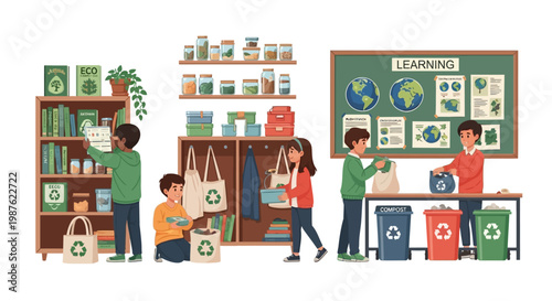In a bright classroom setting, children engage in Earth Day education, sorting recyclables near a chalkboard adorned with environmental learning materials, while a bookshelf displays