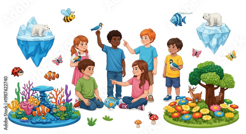 A group of diverse children engaged in Earth Day education, depicted in a colorful cartoon illustration with elements like coral reefs, melting glaciers, and blooming flowers