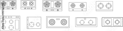 Technical line drawings of various kitchen stovetops and cooktops featuring gas burners, electric coils, control panels, and different burner configurations.