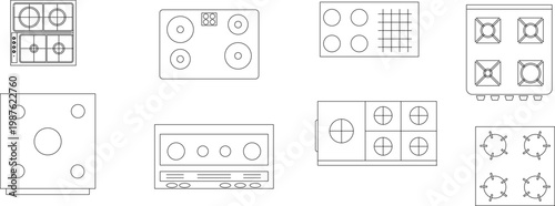 Technical line drawings of various kitchen stovetops and cooktops featuring gas burners, electric coils, grills, and control panels in top-down plan view.