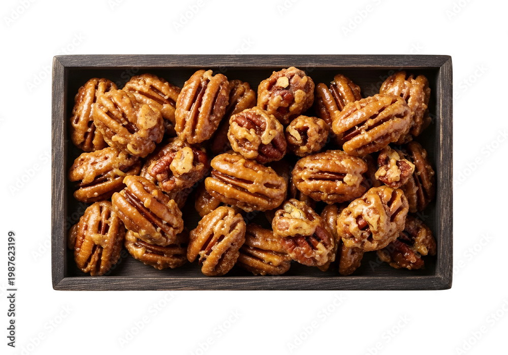 Fototapeta premium Glazed pecan nuts in dark wooden tray, roasted honey pecans with crunchy sugar coating, gourmet candied nut snacks isolated on white background