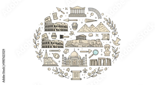 Celebrating World Heritage Day, a detailed circular illustration showcases iconic landmarks like the Colosseum and Taj Mahal against a clean white background, rendered in a delicate