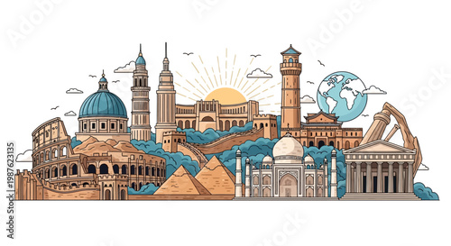Panoramic vector art showcases global landmarks for World Heritage Day, presenting the Colosseum, Great Wall, Taj Mahal, pyramids and other cultural sites in a flat design with a bright