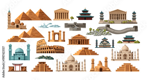 A vibrant, flat-lay illustration showcases various world landmarks celebrating World Heritage Day, including pyramids, temples, and the Great Wall of China, set against a clean white