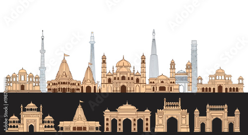 Vector illustration showcasing a skyline of famous Indian landmarks in celebration of World Heritage Day, presented in a panoramic layout against a clean white background with a bright
