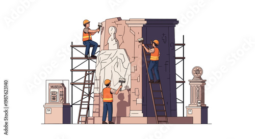 Celebrating World Heritage Day, three construction workers meticulously restore a historical monument using scaffolding and ladders, in a flat illustration style, set against a clean white