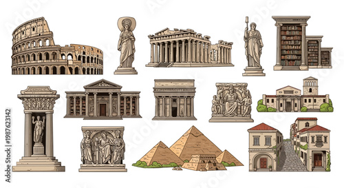 A collection of historical landmarks, including the Colosseum, Parthenon, and pyramids, presented as detailed vector illustrations against a clean white background, celebrating global World