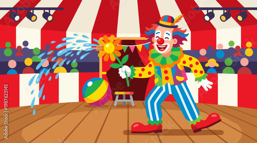 Clown in colorful outfit performing circus.
