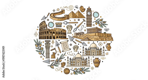 Celebrating World Heritage Day, a round illustration features iconic monuments like the Colosseum, Taj Mahal, and pyramids against a clean white background, rendered in a detailed, sketched