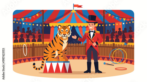 Circus Tiger and Ringmaster Performing.