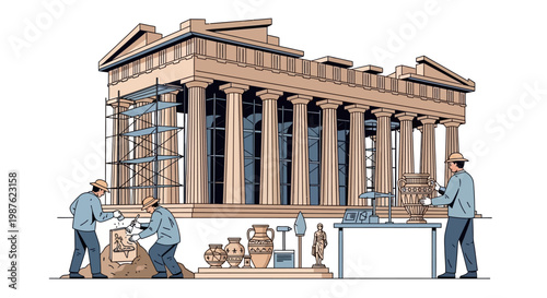 Illustrated scene depicting workers restoring the Parthenon, a classical architectural monument, with scaffolding and ancient artifacts, rendered in a clean, graphic style against a white