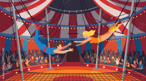 Acrobats performing aerial circus act together.