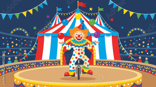 Clown in colorful costume riding unicycle.