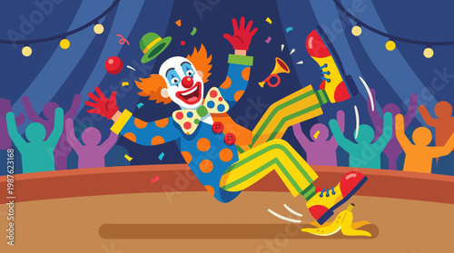 Clown Performing on Stage Laughing.