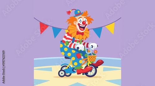 Clown riding tricycle with dog.