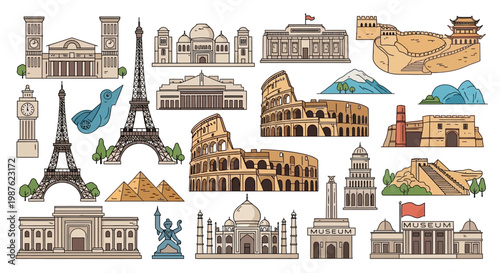 Celebrating World Heritage Day, a detailed illustration showcases various famous landmarks like the Eiffel Tower, Colosseum, and Taj Mahal, displayed against a clean white background