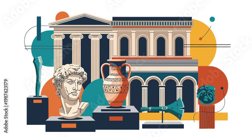 A colorful vector illustration celebrates World Heritage Day, displaying iconic artifacts and architectural structures against a white background, conveying a sense of cultural appreciation