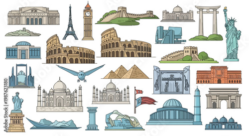 A detailed vector illustration showcases various cultural landmarks from around the world in celebration of World Heritage Day, set against a clean white background with a vibrant