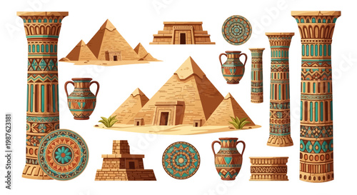 Celebrating World Heritage Day, a digitally illustrated set features detailed Egyptian pyramids, decorated columns, and ancient pottery against a clean white background with warm, earthy