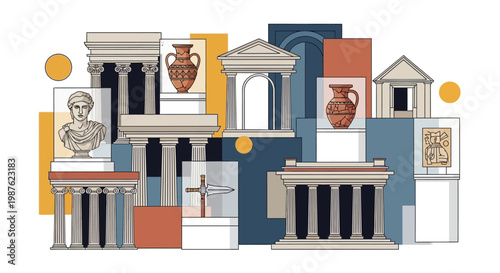 Celebrating World Heritage Day, a colorful flat illustration showcases ancient architectural ruins and artifacts against a clean white background, evoking a sense of historical preservation